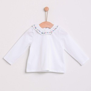 Long Sleeved Top with Embroidered Collar